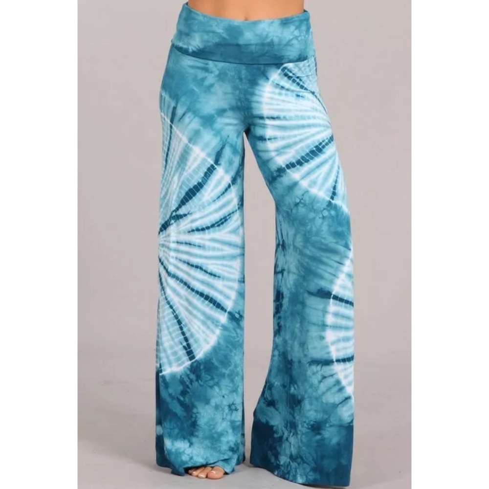 Teal Boho Tie Dye Wide Leg Palazzo Stretch Pants - Picture 2 of 6